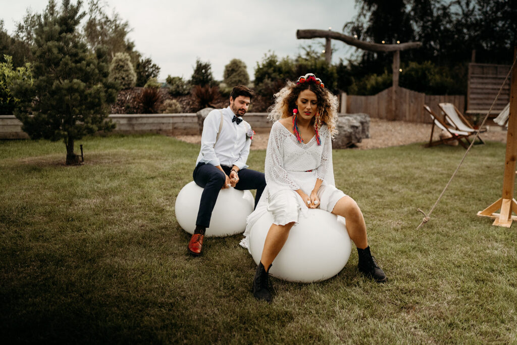 Giant white adult sized space hoppers garden game for hire for weddings in Lincolnshire UK