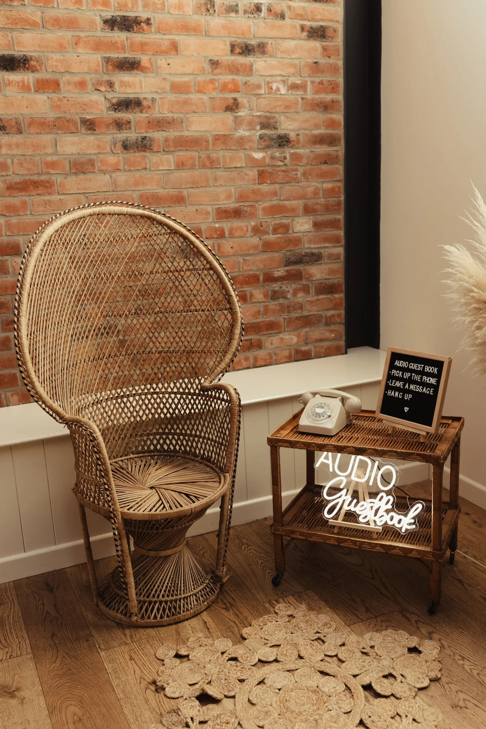 An audio guestbook with old style telephone and boho details. Great adult wedding entertainment